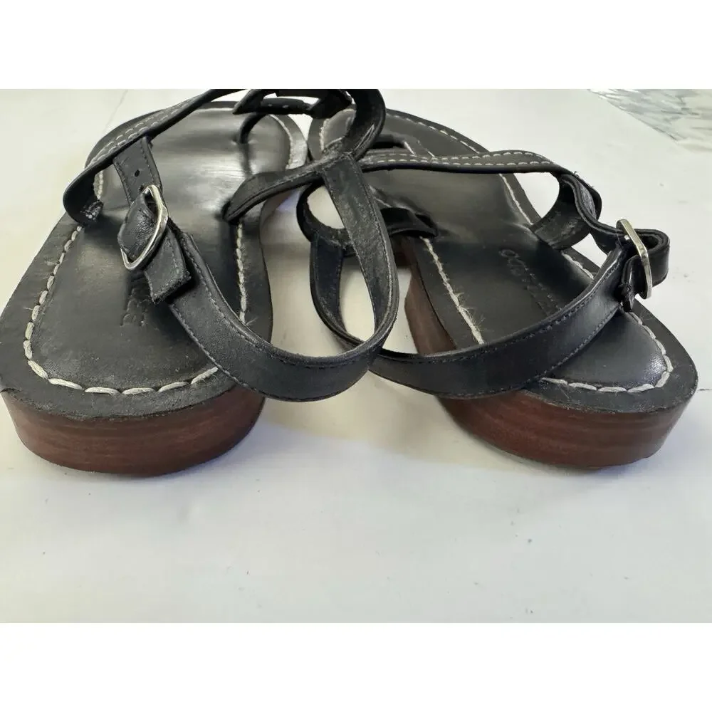 Bernardo Tegan Black Leather Thong Slingback Sandals Square Ring Stitch 9M